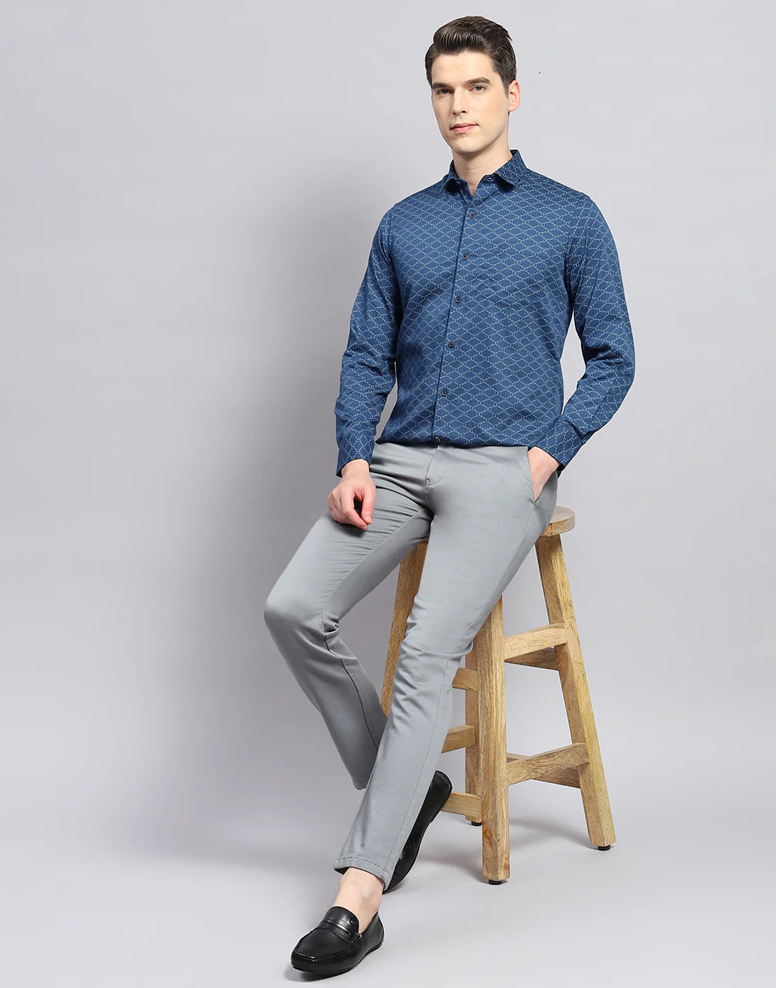 Men Navy Blue Printed Collar Neck Full Sleeve Shirt - Image 2