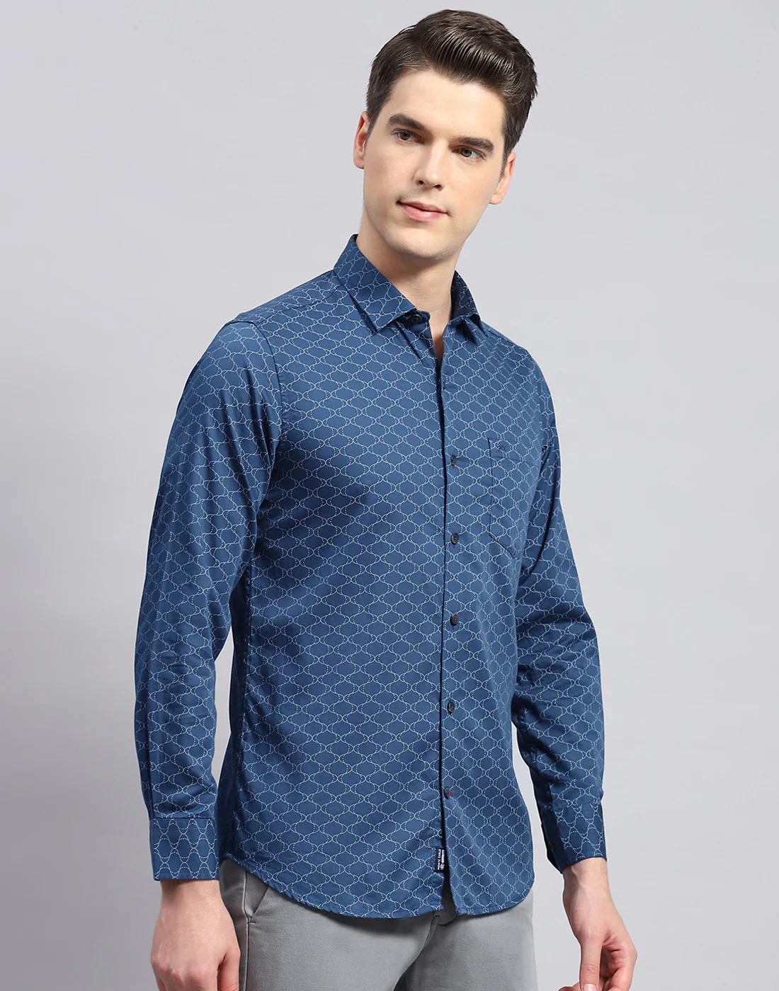 Men Navy Blue Printed Collar Neck Full Sleeve Shirt - Image 4