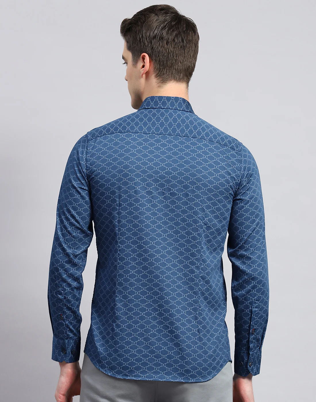 Men Navy Blue Printed Collar Neck Full Sleeve Shirt - Image 5