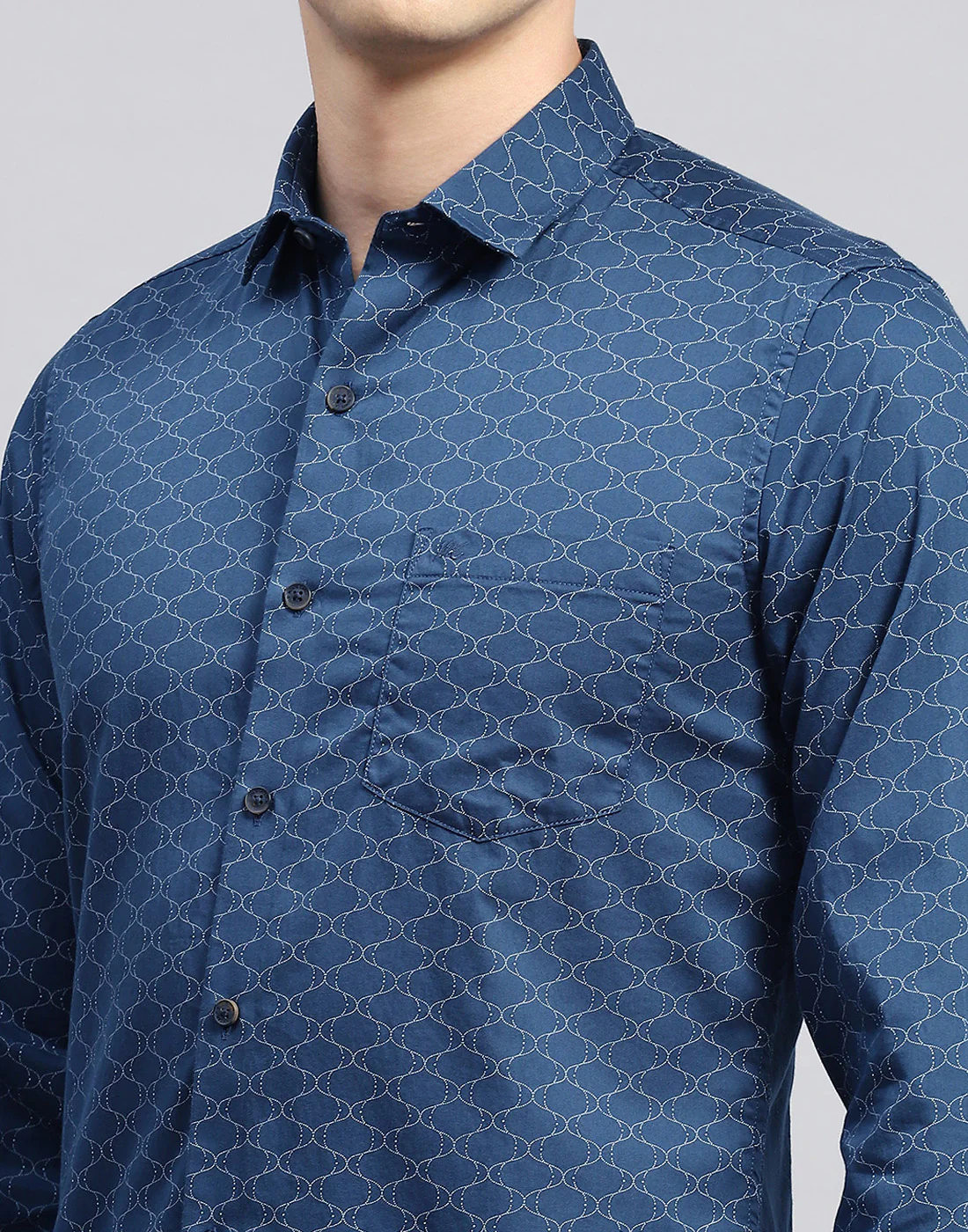 Men Navy Blue Printed Collar Neck Full Sleeve Shirt - Image 6