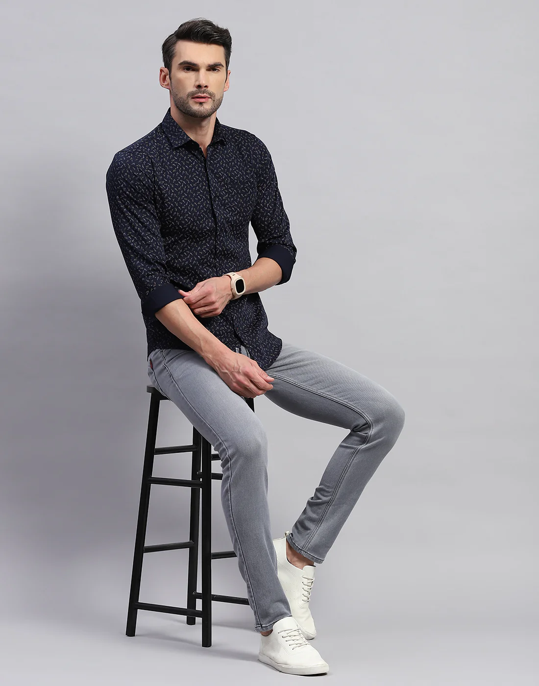 Men Navy Blue Printed Collar Neck Full Sleeve Shirt - Image 2