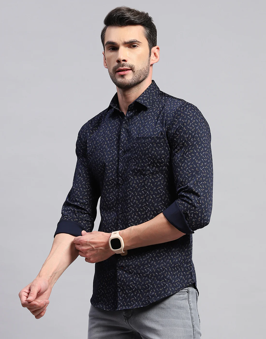 Men Navy Blue Printed Collar Neck Full Sleeve Shirt - Image 3