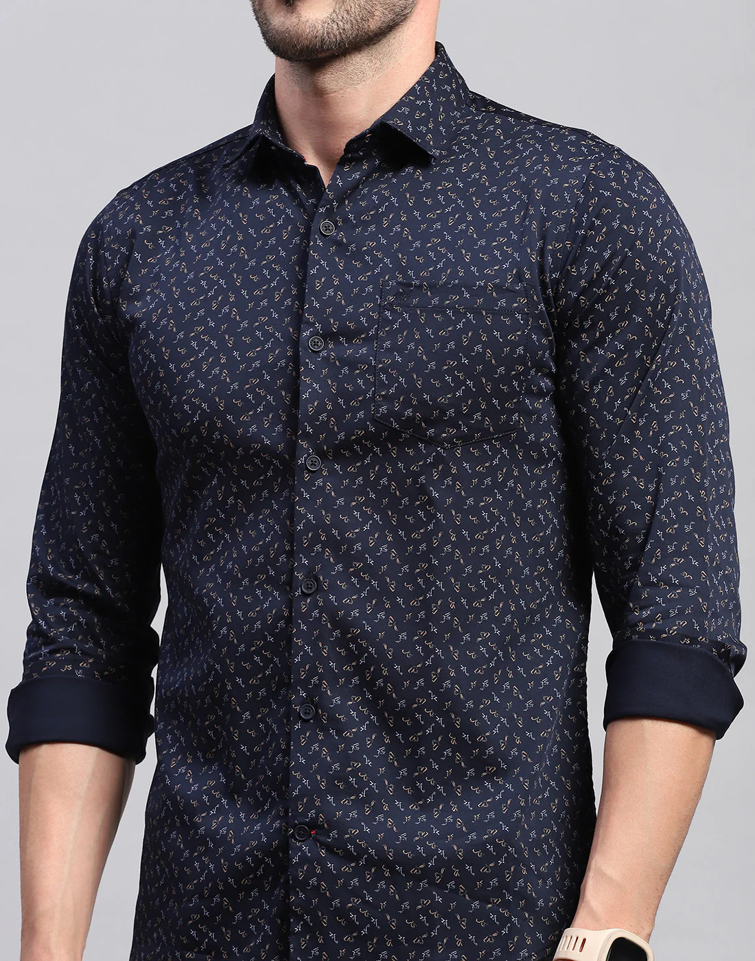 Men Navy Blue Printed Collar Neck Full Sleeve Shirt - Image 7