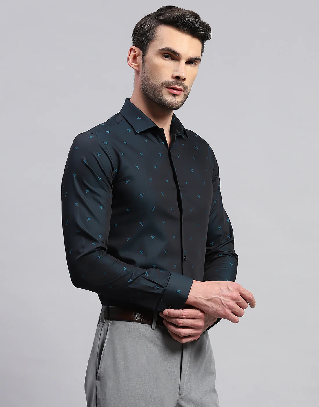 Men Navy Blue Printed Collar Neck Full Sleeve Shirt - Image 4