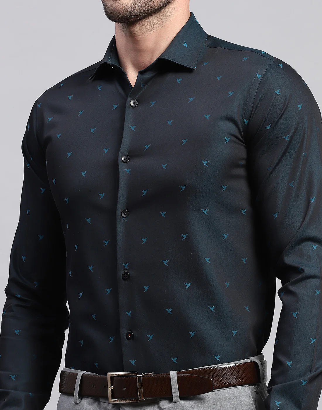 Men Navy Blue Printed Collar Neck Full Sleeve Shirt - Image 6