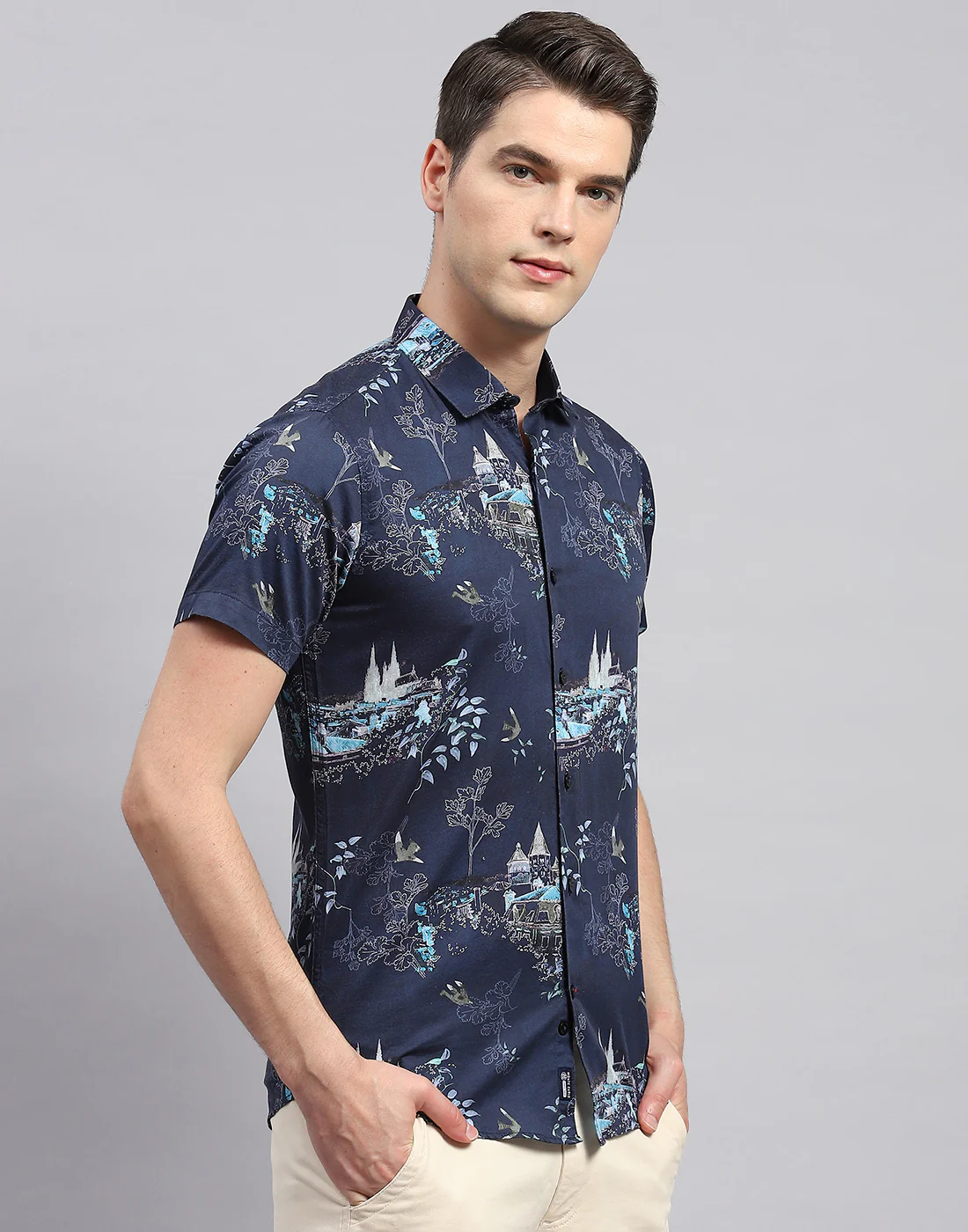 Men Navy Blue Printed Collar Neck Half Sleeve Shirt - Image 4