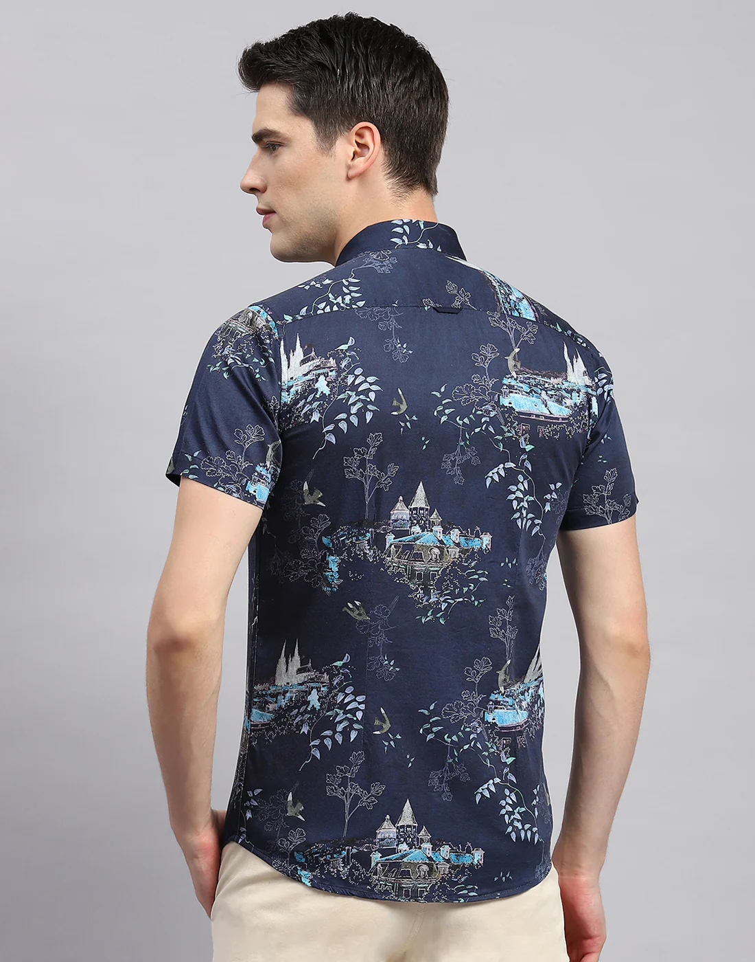 Men Navy Blue Printed Collar Neck Half Sleeve Shirt - Image 5