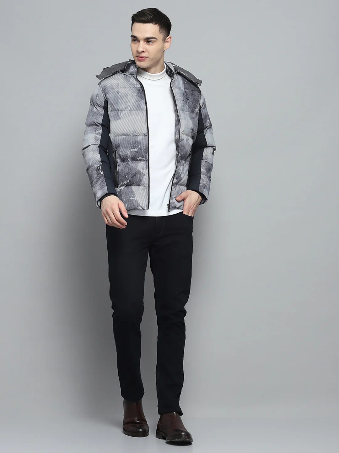 Men Navy Blue Printed Detachable Hood Full Sleeve Jacket - Image 2