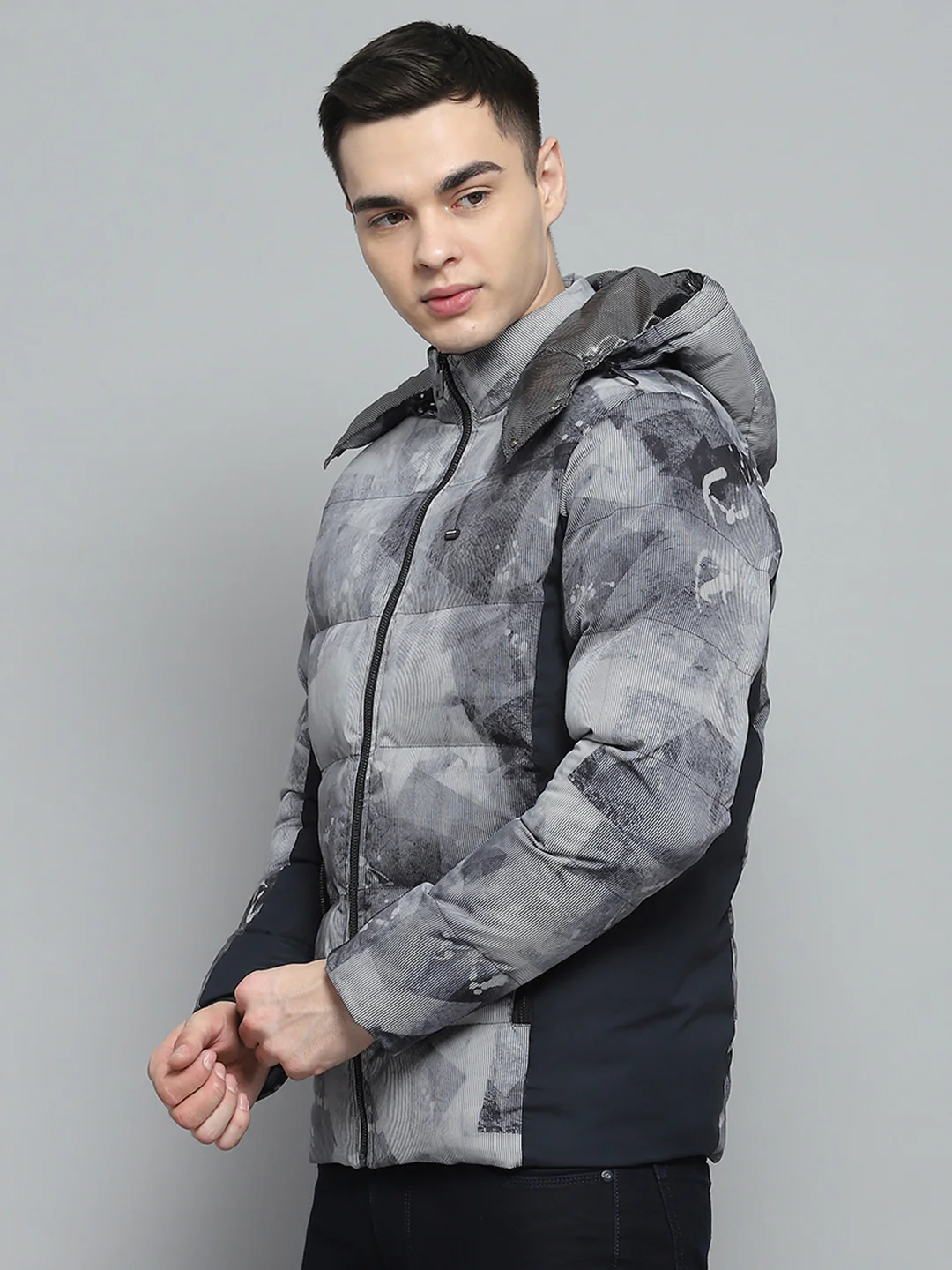 Men Navy Blue Printed Detachable Hood Full Sleeve Jacket - Image 3