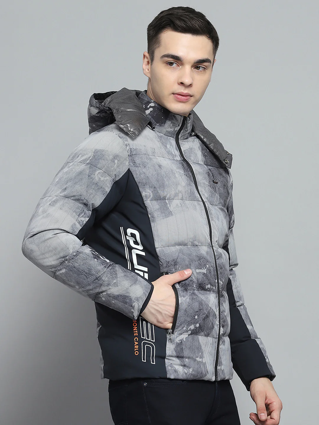 Men Navy Blue Printed Detachable Hood Full Sleeve Jacket - Image 4