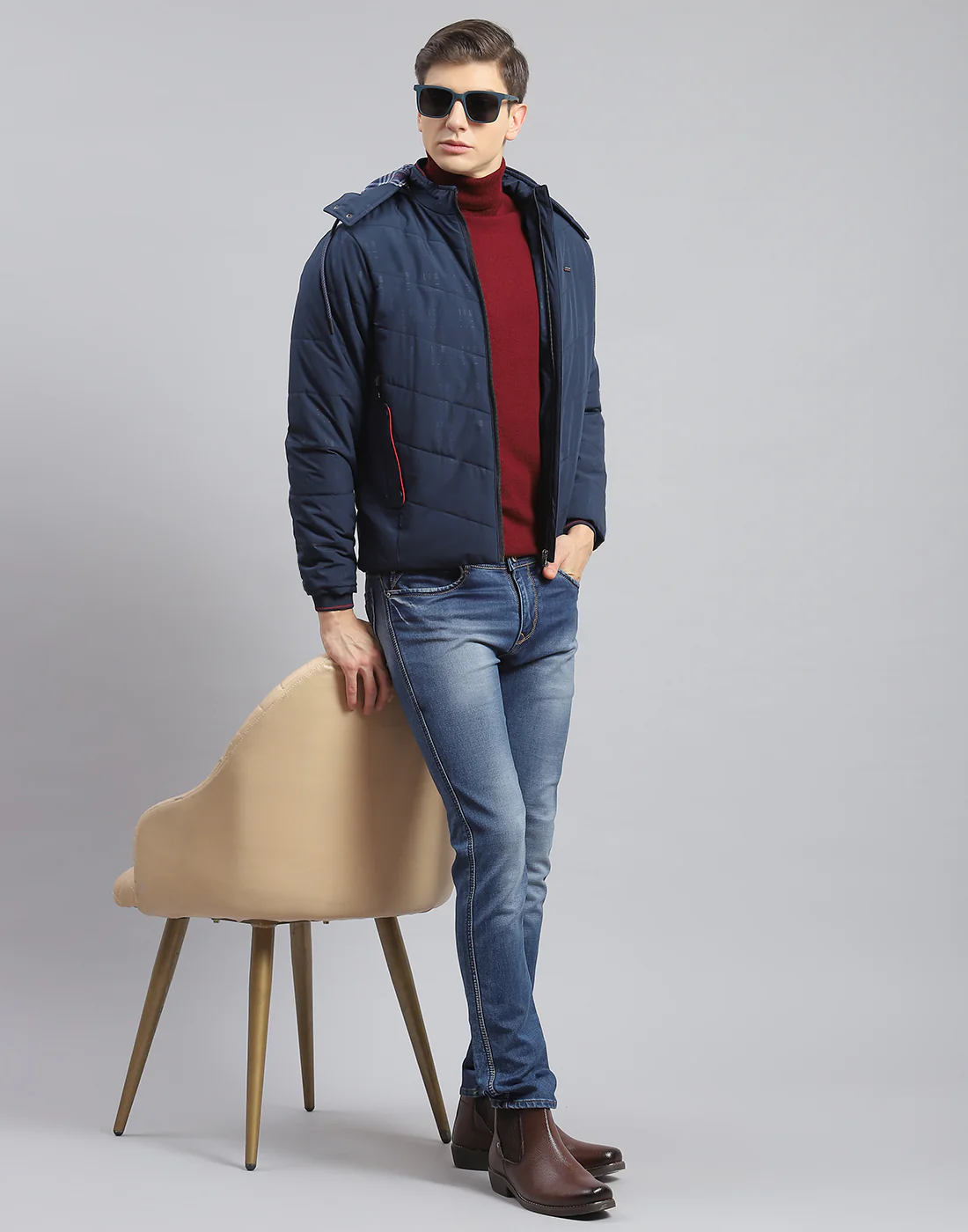Men Navy Blue Printed Hooded Full Sleeve Jacket - Image 2