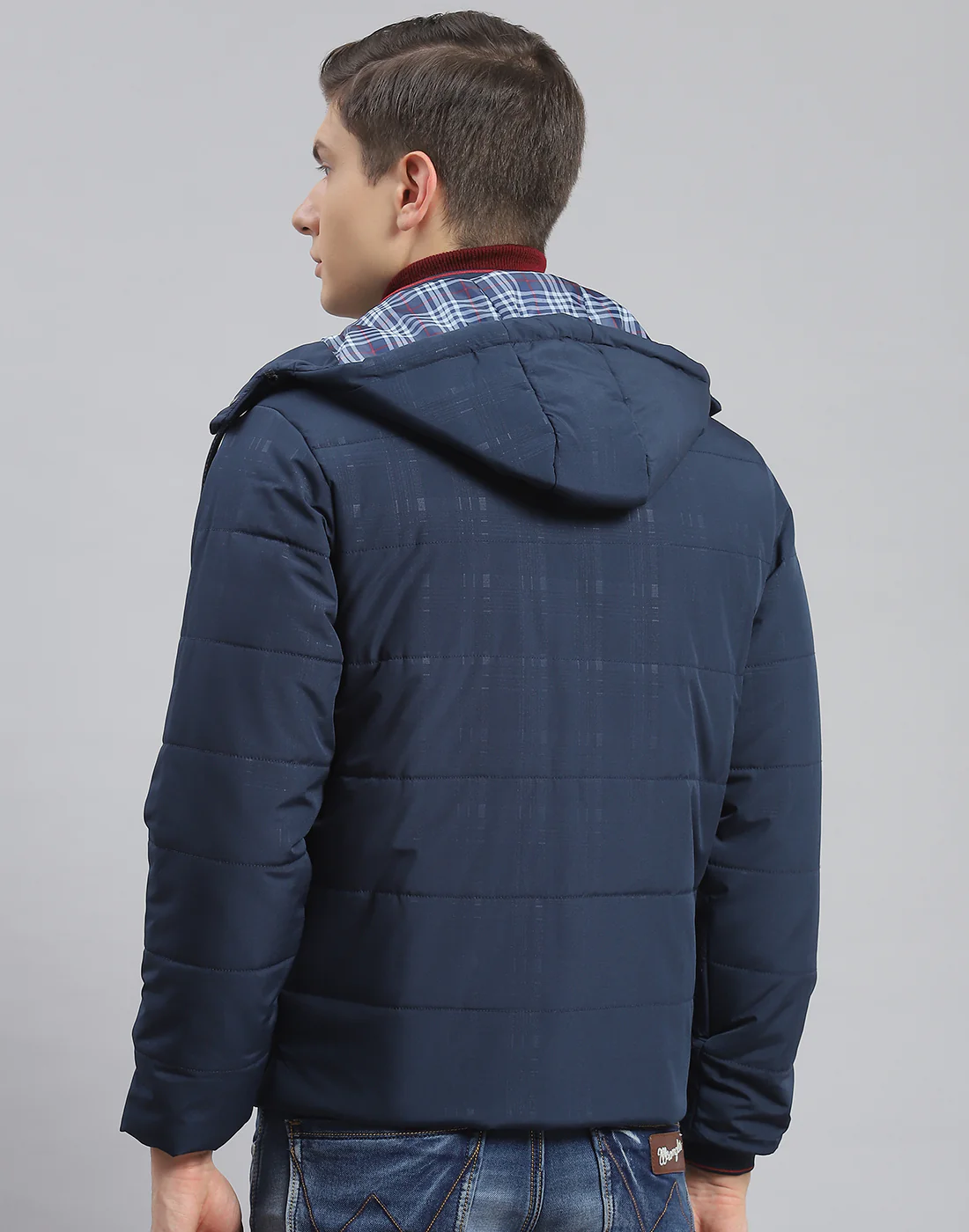 Men Navy Blue Printed Hooded Full Sleeve Jacket - Image 5