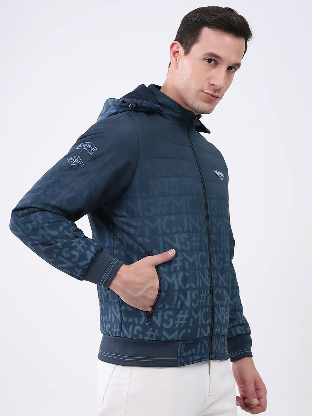 Men Navy Blue Printed Hooded Full Sleeve Jacket - Image 4