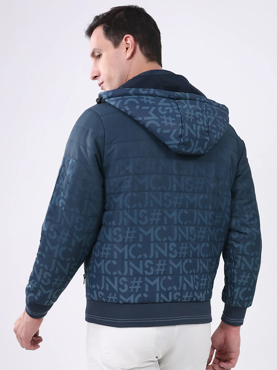 Men Navy Blue Printed Hooded Full Sleeve Jacket - Image 5