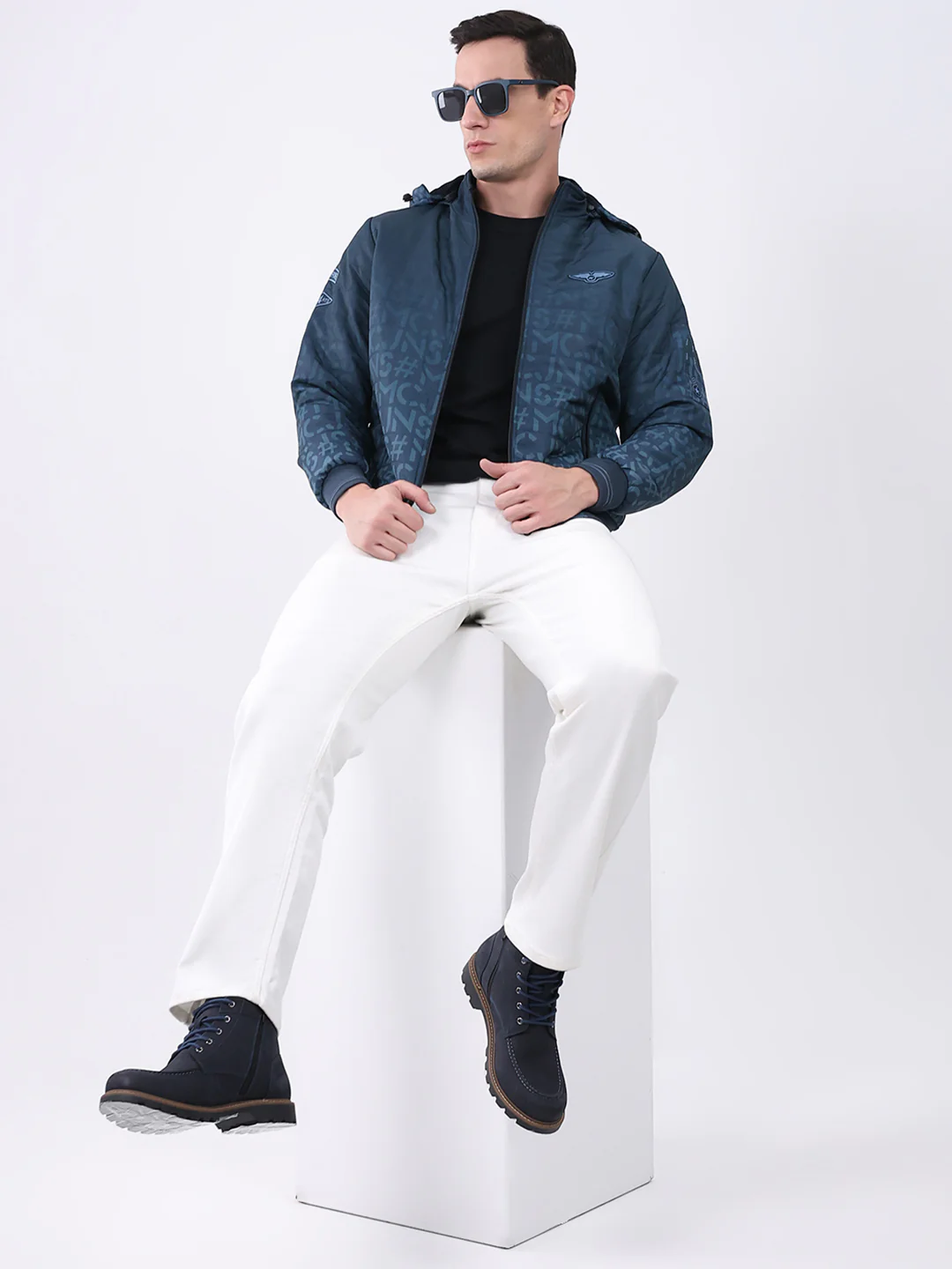 Men Navy Blue Printed Hooded Full Sleeve Jacket - Image 6