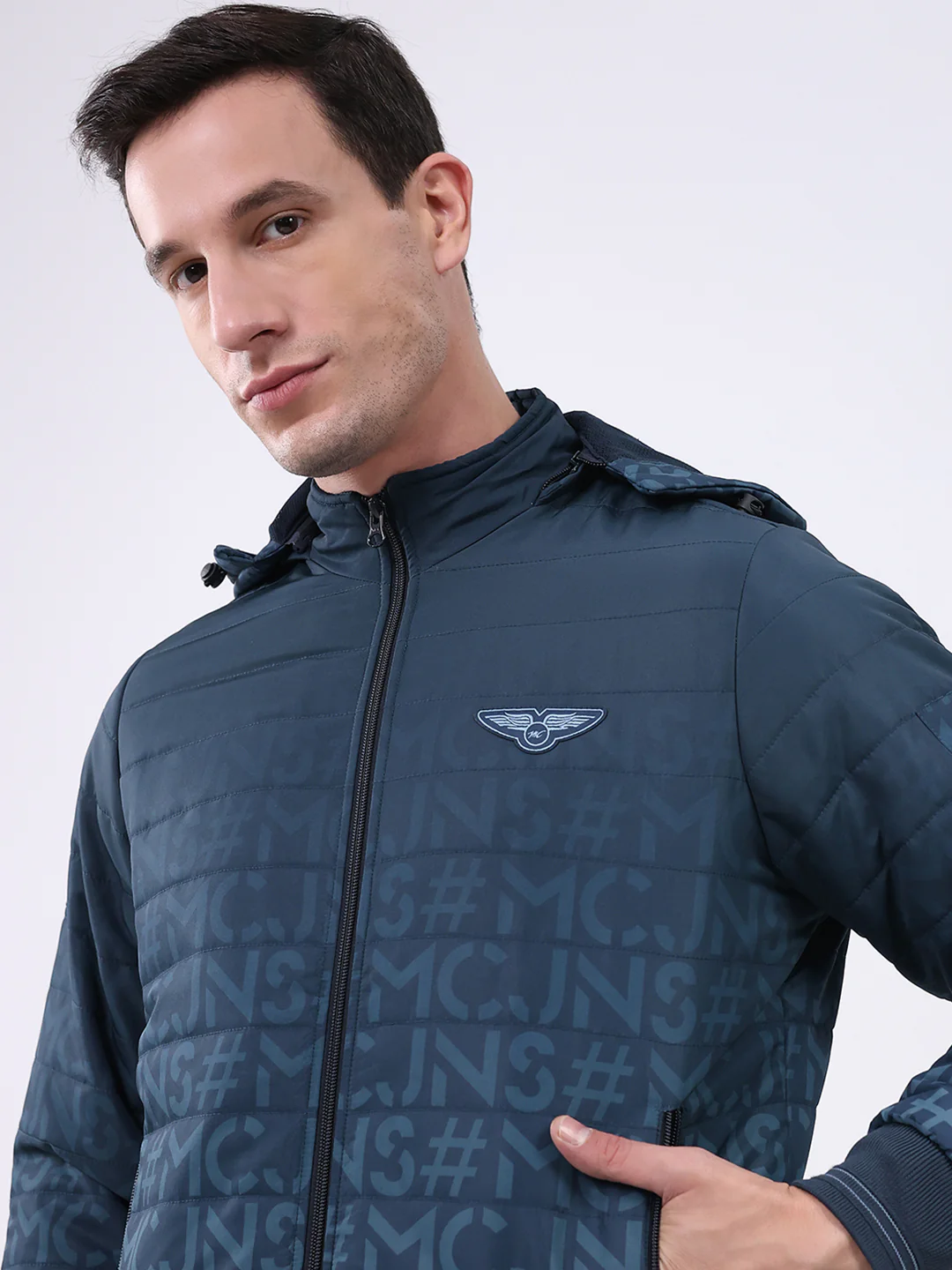 Men Navy Blue Printed Hooded Full Sleeve Jacket - Image 7