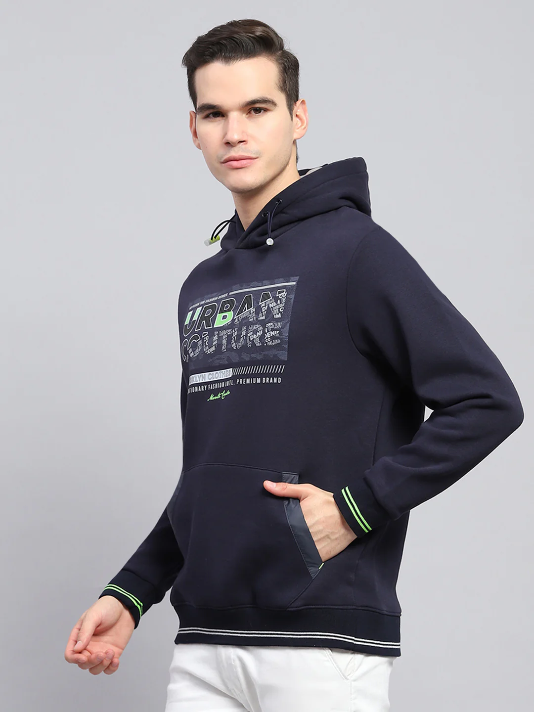 Men Navy Blue Printed Hooded Full Sleeve Sweatshirt - Image 3