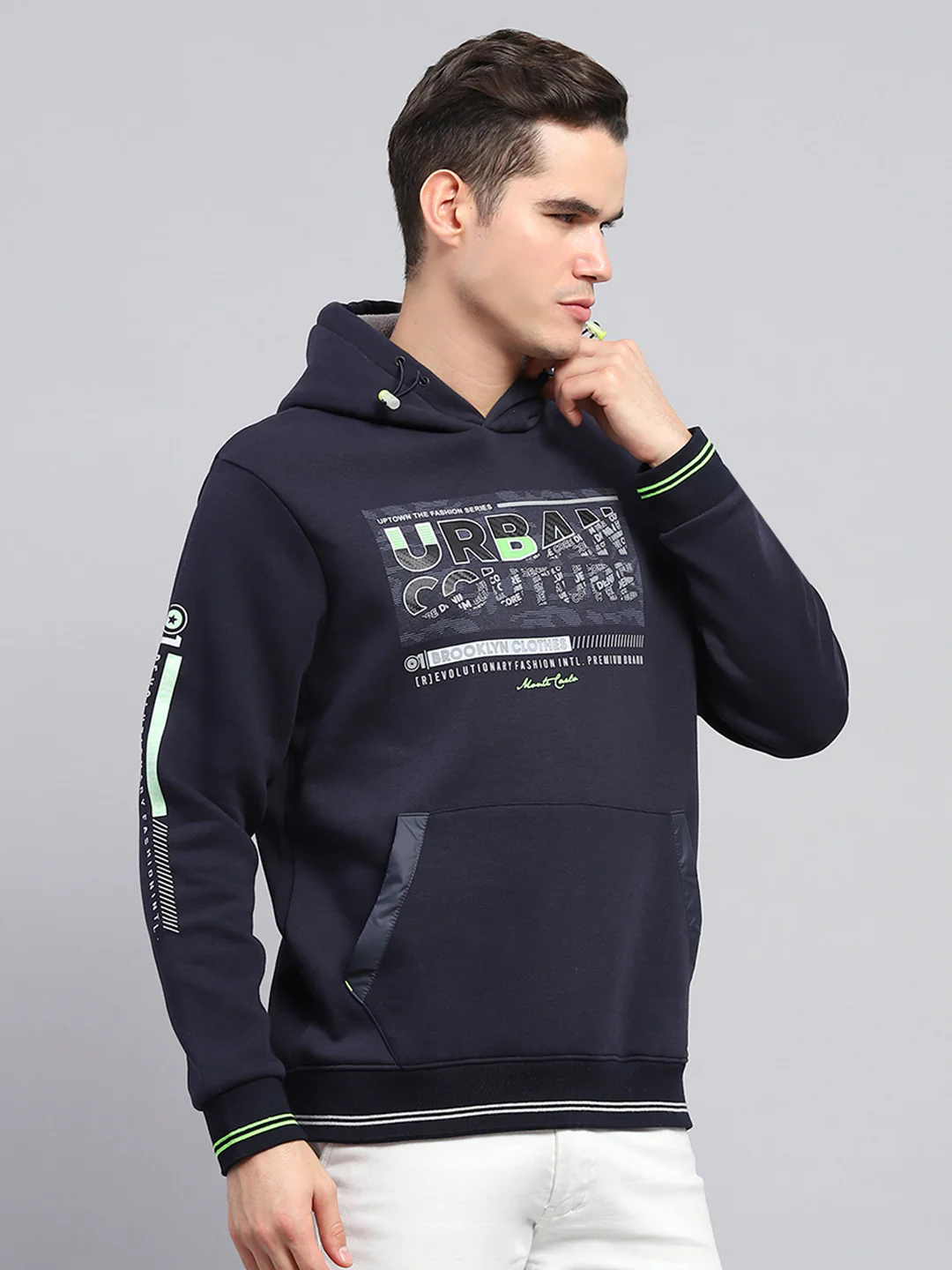 Men Navy Blue Printed Hooded Full Sleeve Sweatshirt - Image 4