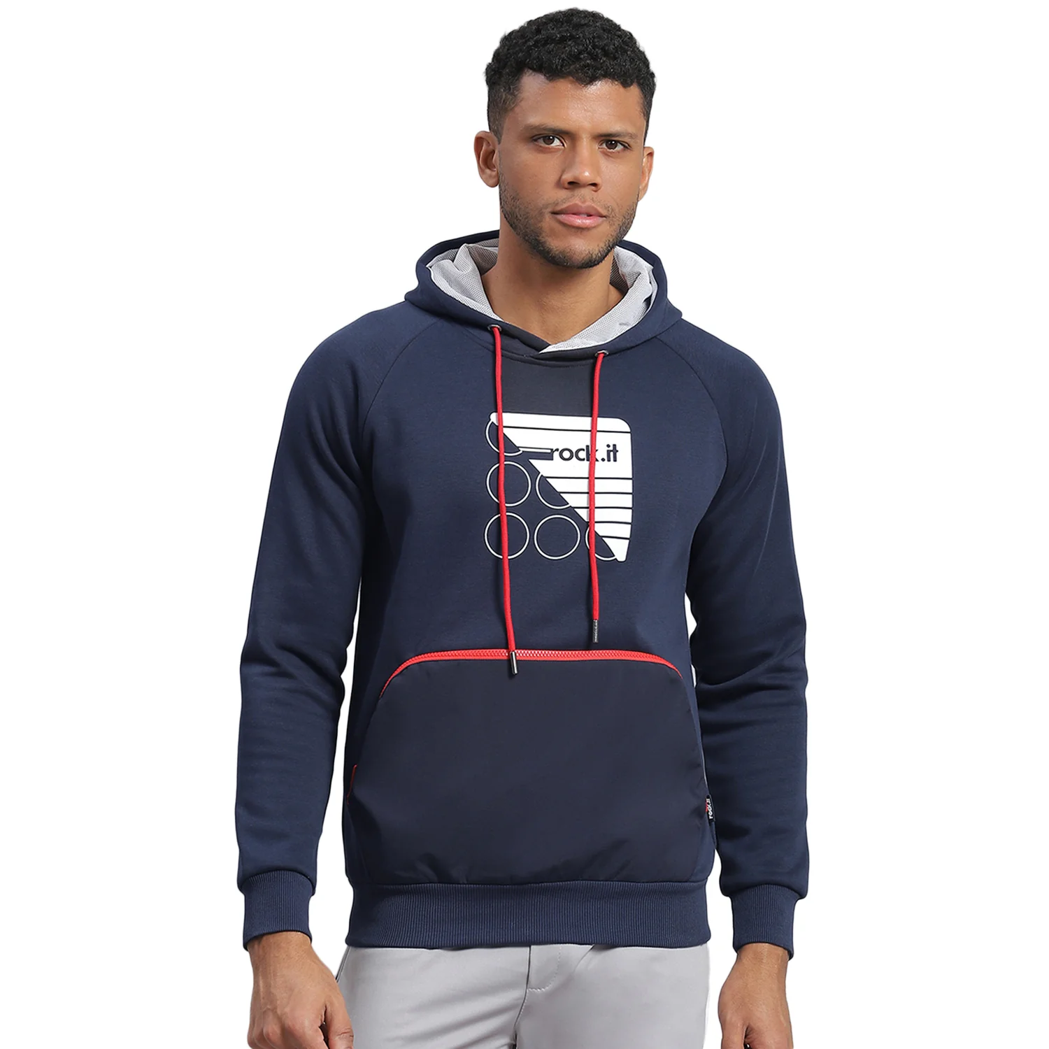 Rock.it Men Navy Blue Printed Hooded Full Sleeve Sweatshirt - Image 5