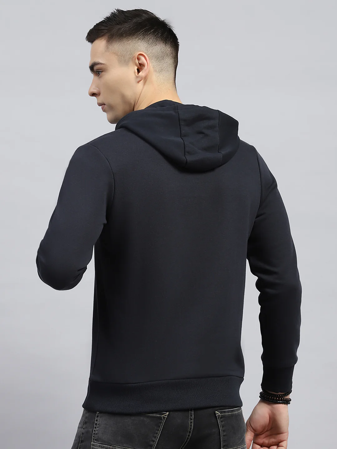 Men Navy Blue Printed Hooded Full Sleeve Sweatshirt - Image 5