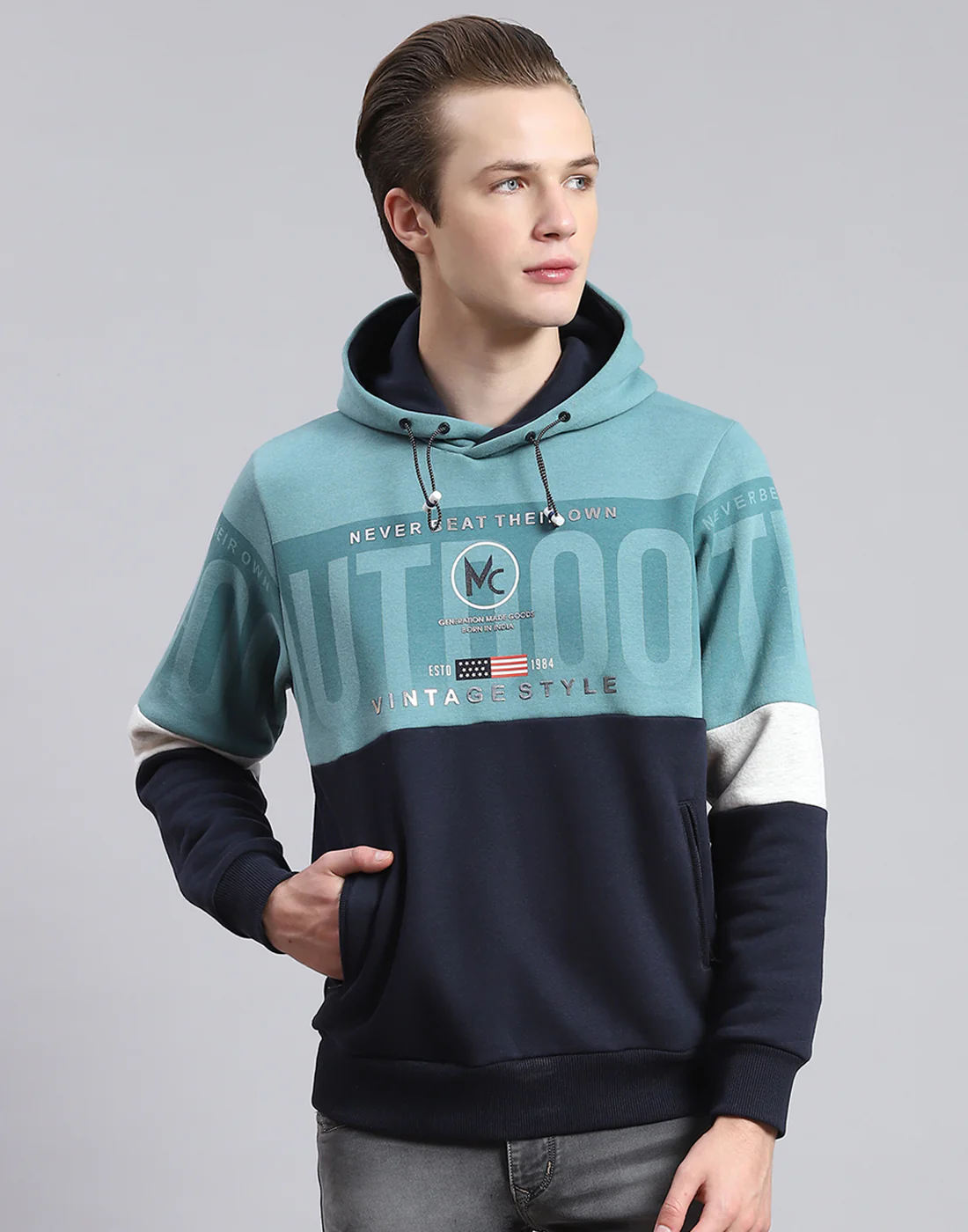 Men Navy Blue Printed Hooded Full Sleeve Sweatshirt - Image 2