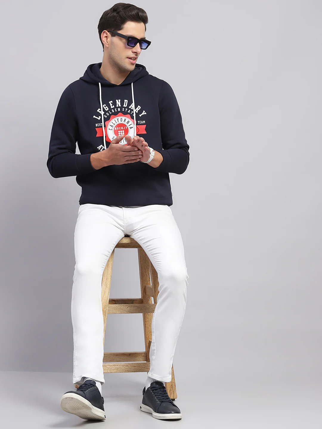 Rock.it Men Navy Blue Printed Hooded Full Sleeve Sweatshirt - Image 2