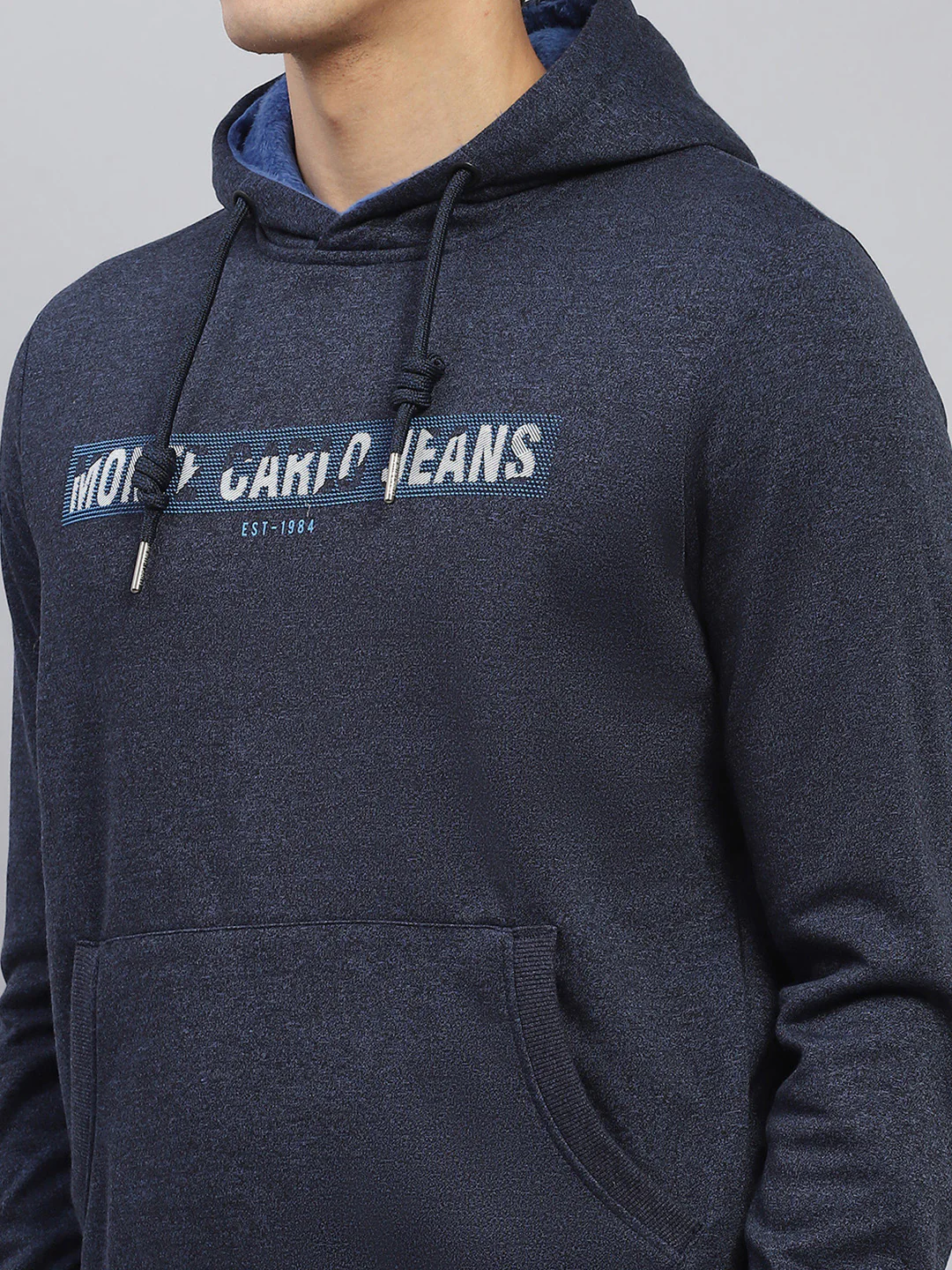 Men Navy Blue Printed Hooded Full Sleeve Sweatshirt - Image 7