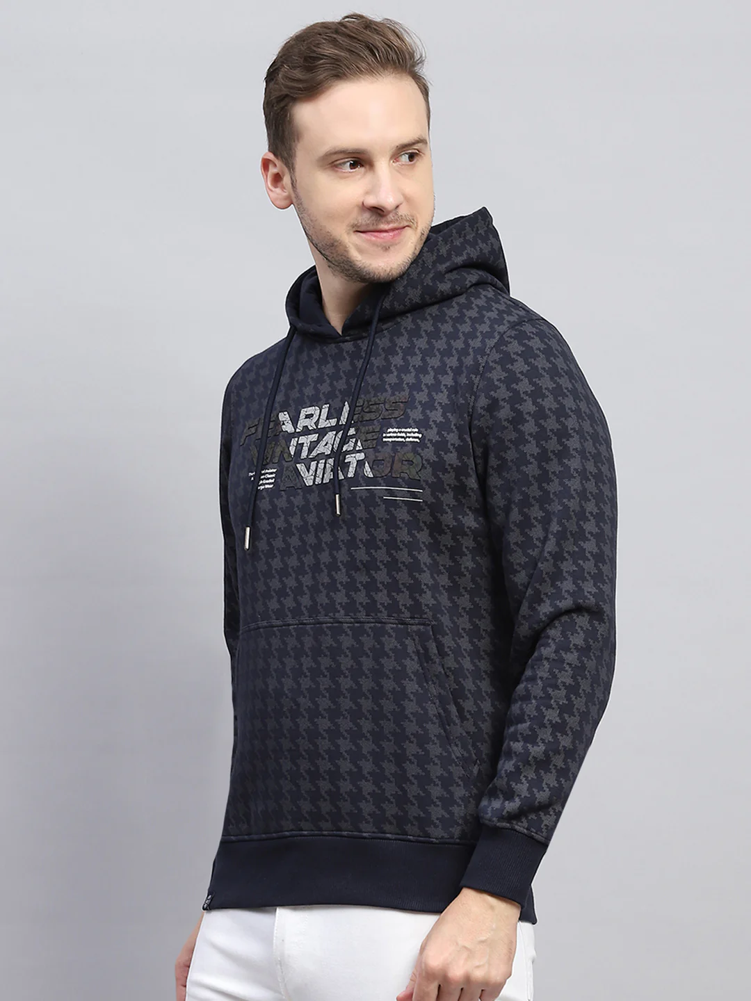 Men Navy Blue Printed Hooded Full Sleeve Sweatshirt - Image 3