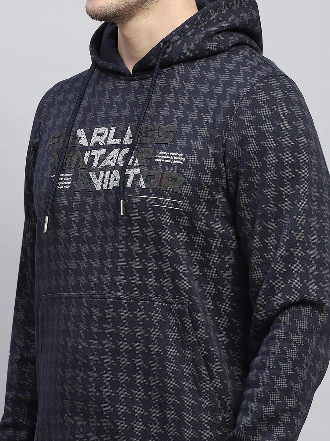 Men Navy Blue Printed Hooded Full Sleeve Sweatshirt - Image 7