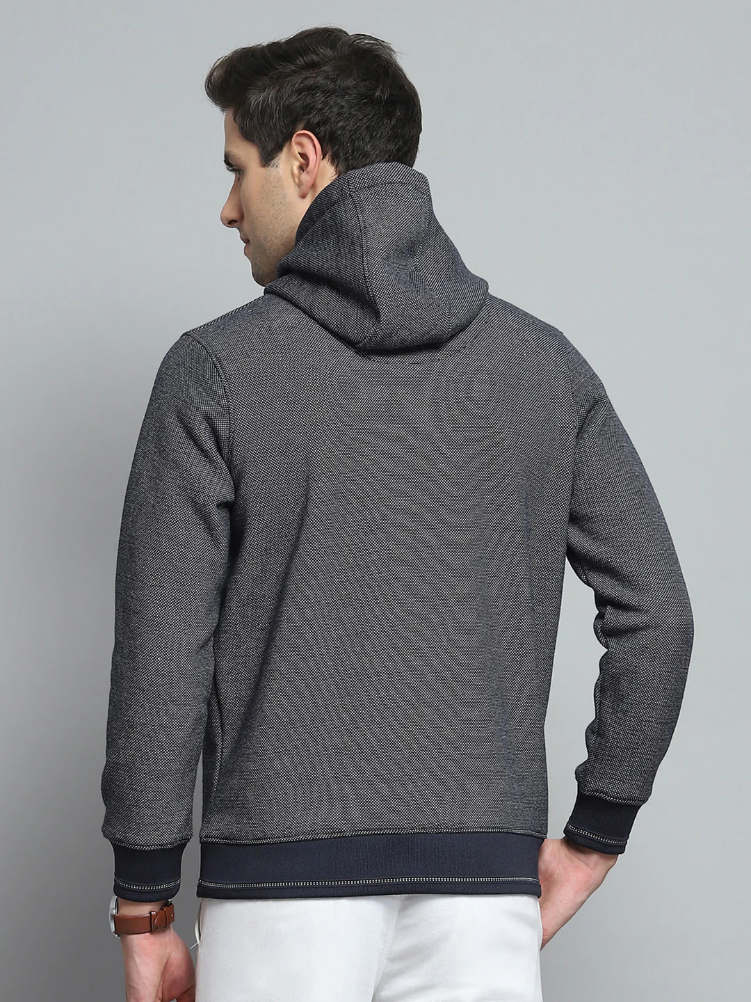 Men Navy Blue Printed Hooded Full Sleeve Sweatshirt - Image 5