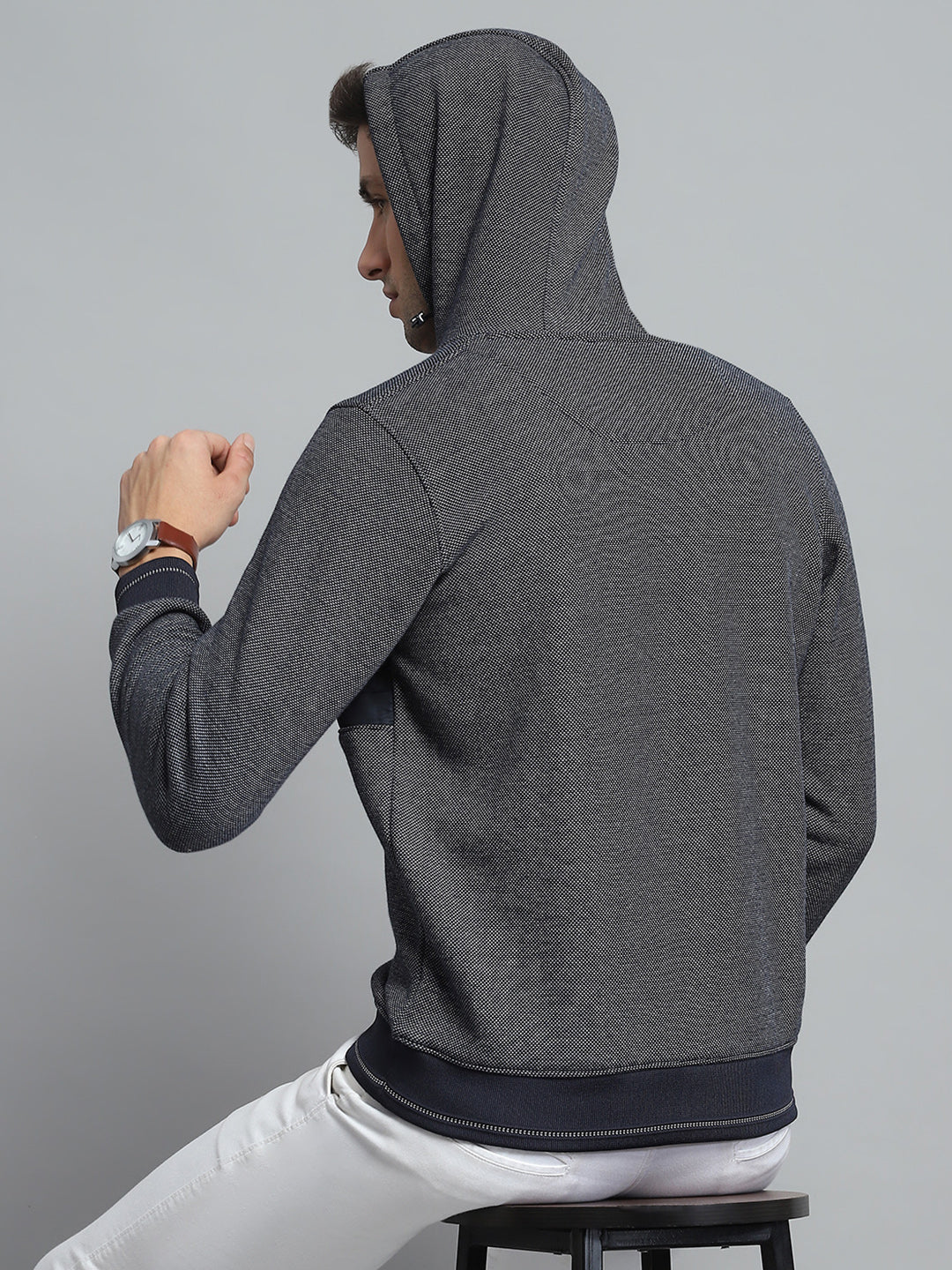 Men Navy Blue Printed Hooded Full Sleeve Sweatshirt - Image 6