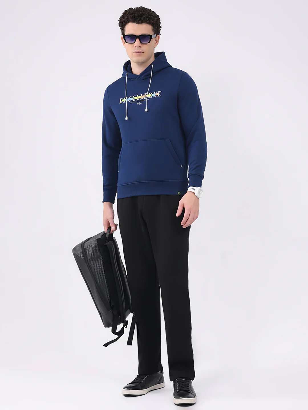 Men Navy Blue Printed Hooded Full Sleeve Sweatshirt - Image 2