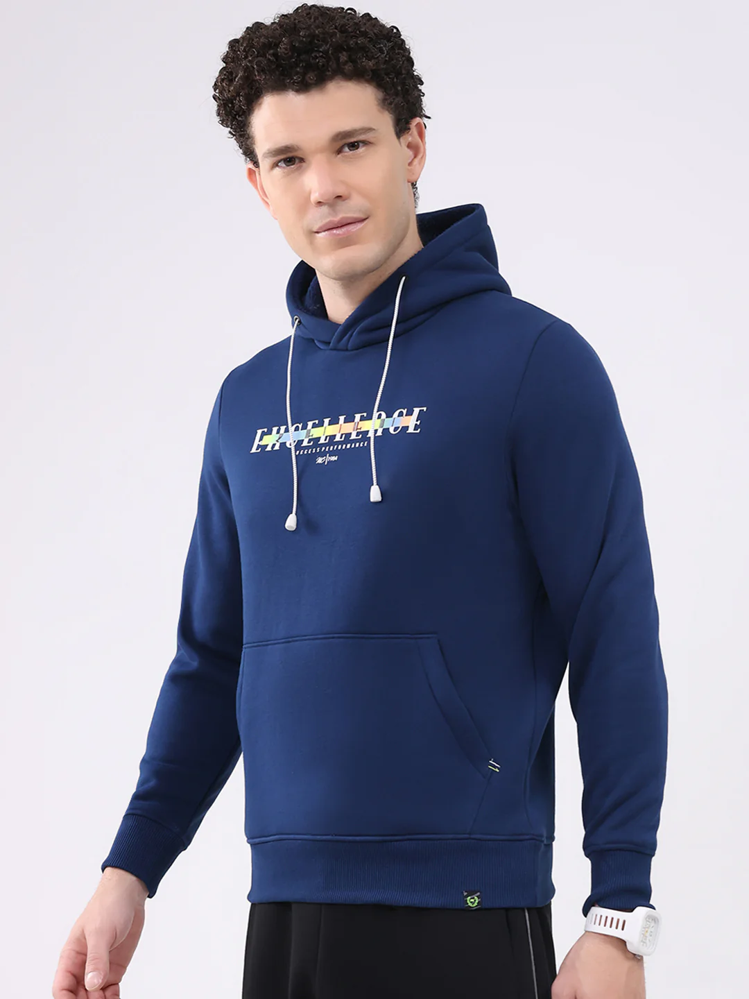 Men Navy Blue Printed Hooded Full Sleeve Sweatshirt - Image 3