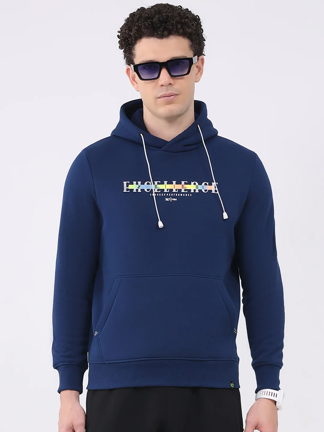 Men Navy Blue Printed Hooded Full Sleeve Sweatshirt - Image 6