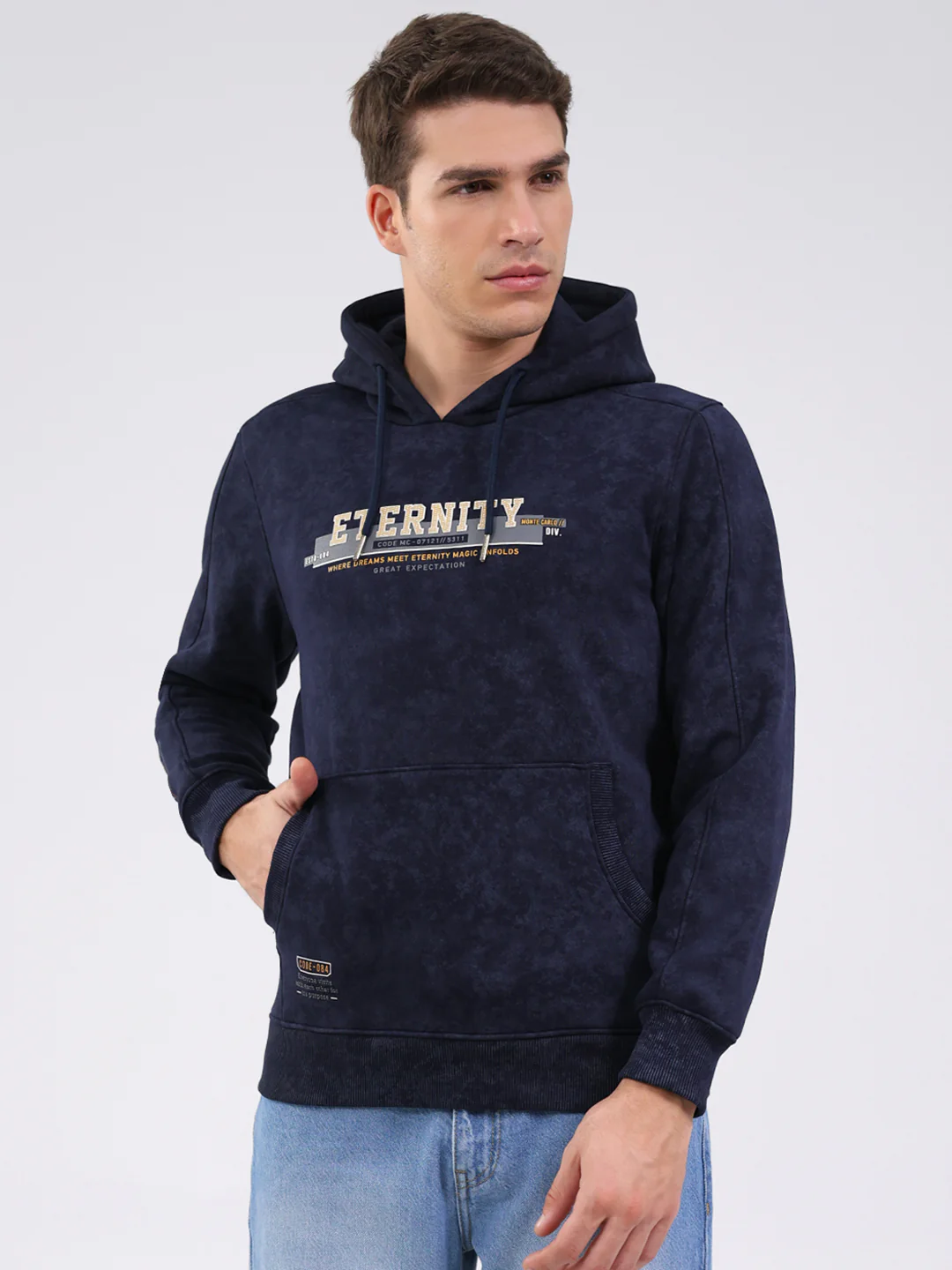 Men Navy Blue Printed Hooded Full Sleeve Sweatshirt