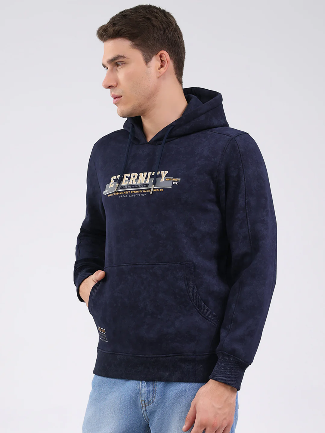 Men Navy Blue Printed Hooded Full Sleeve Sweatshirt - Image 3