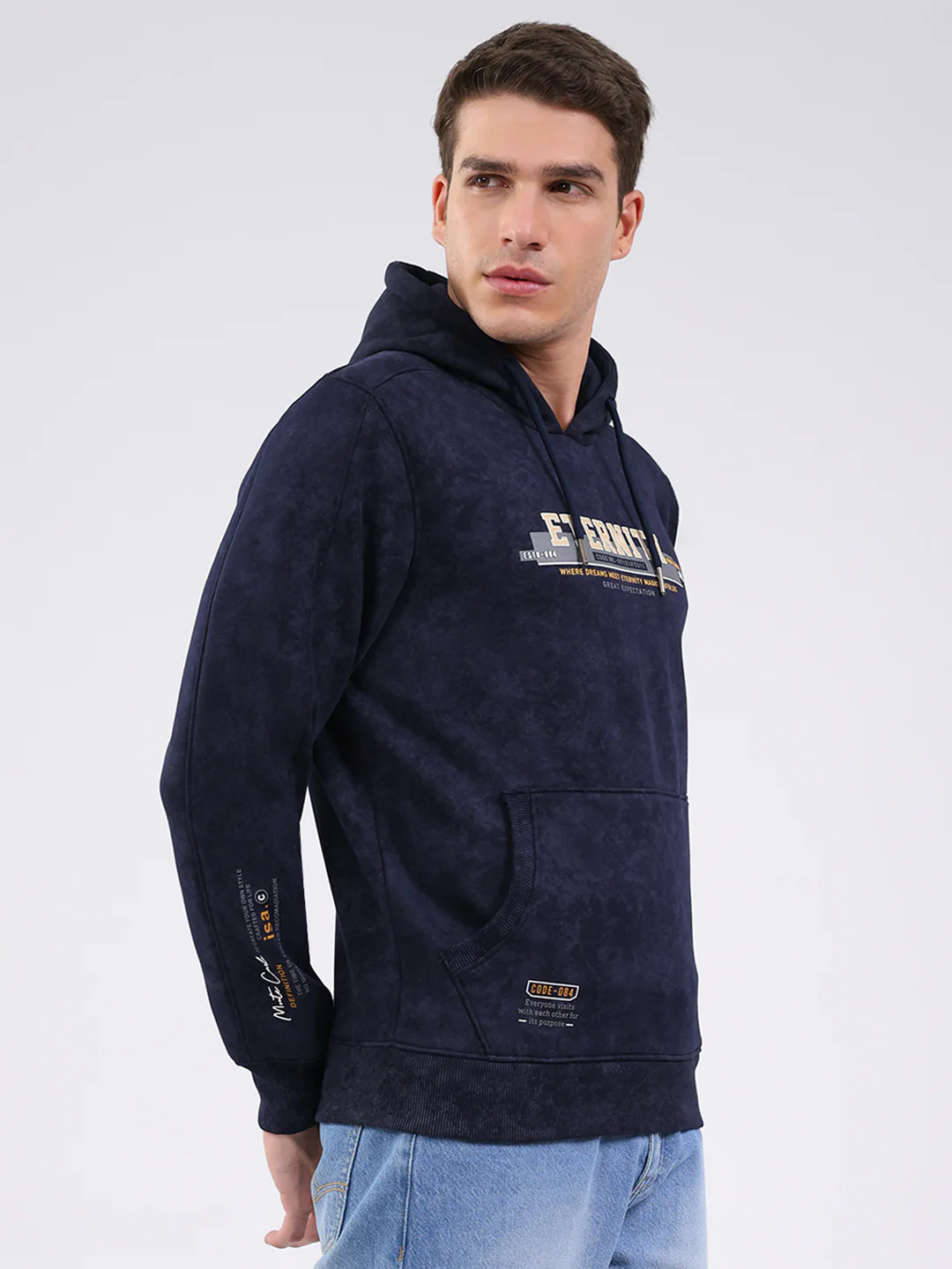 Men Navy Blue Printed Hooded Full Sleeve Sweatshirt - Image 4