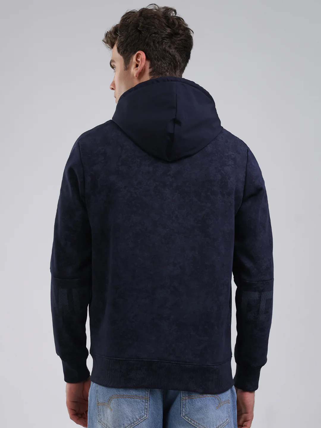 Men Navy Blue Printed Hooded Full Sleeve Sweatshirt - Image 5