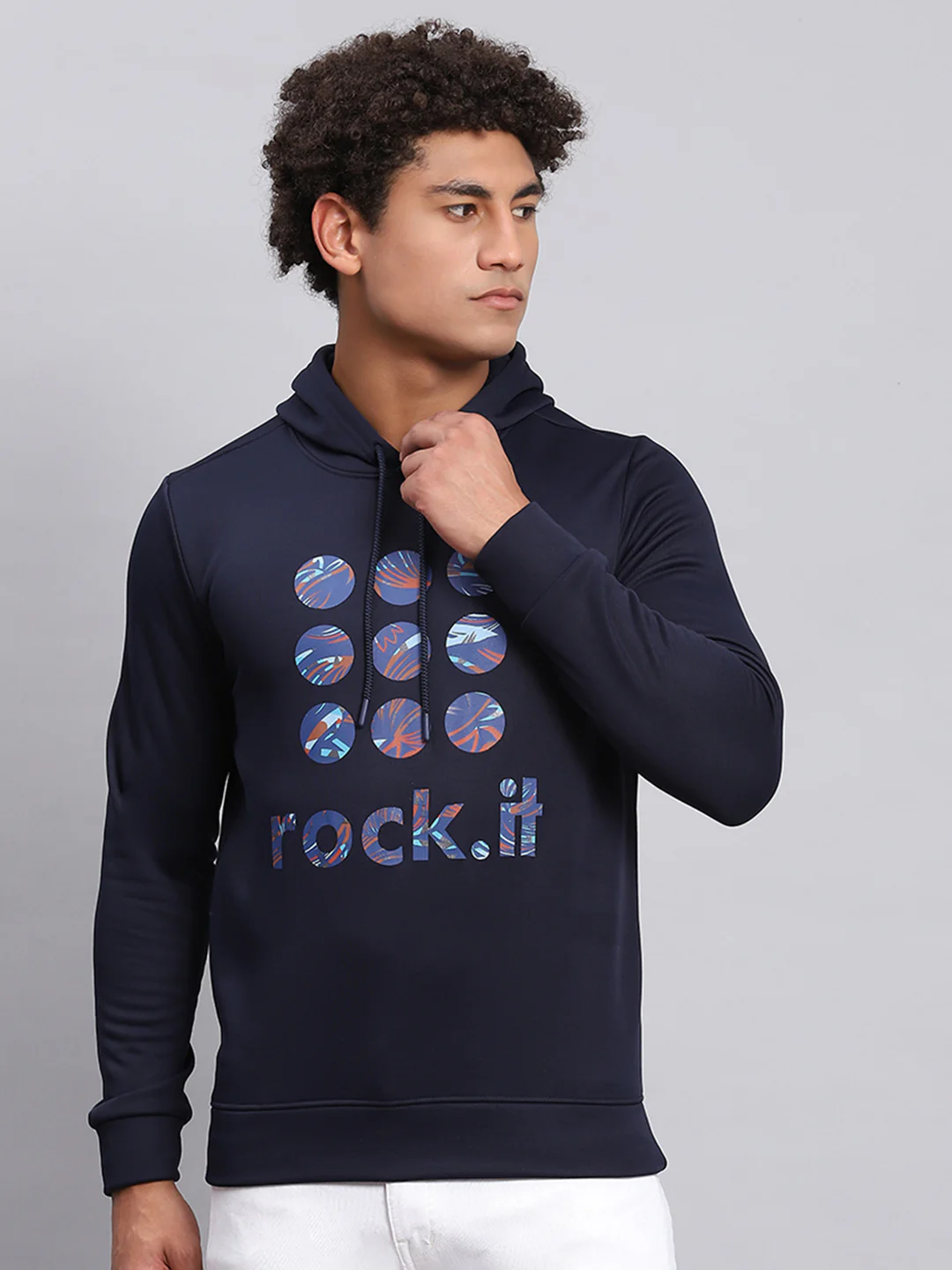 Rock.it Men Navy Blue Printed Hooded Full Sleeve Sweatshirt - Image 2