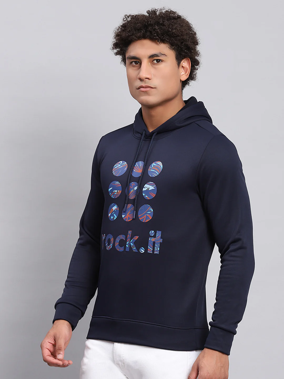 Rock.it Men Navy Blue Printed Hooded Full Sleeve Sweatshirt - Image 5
