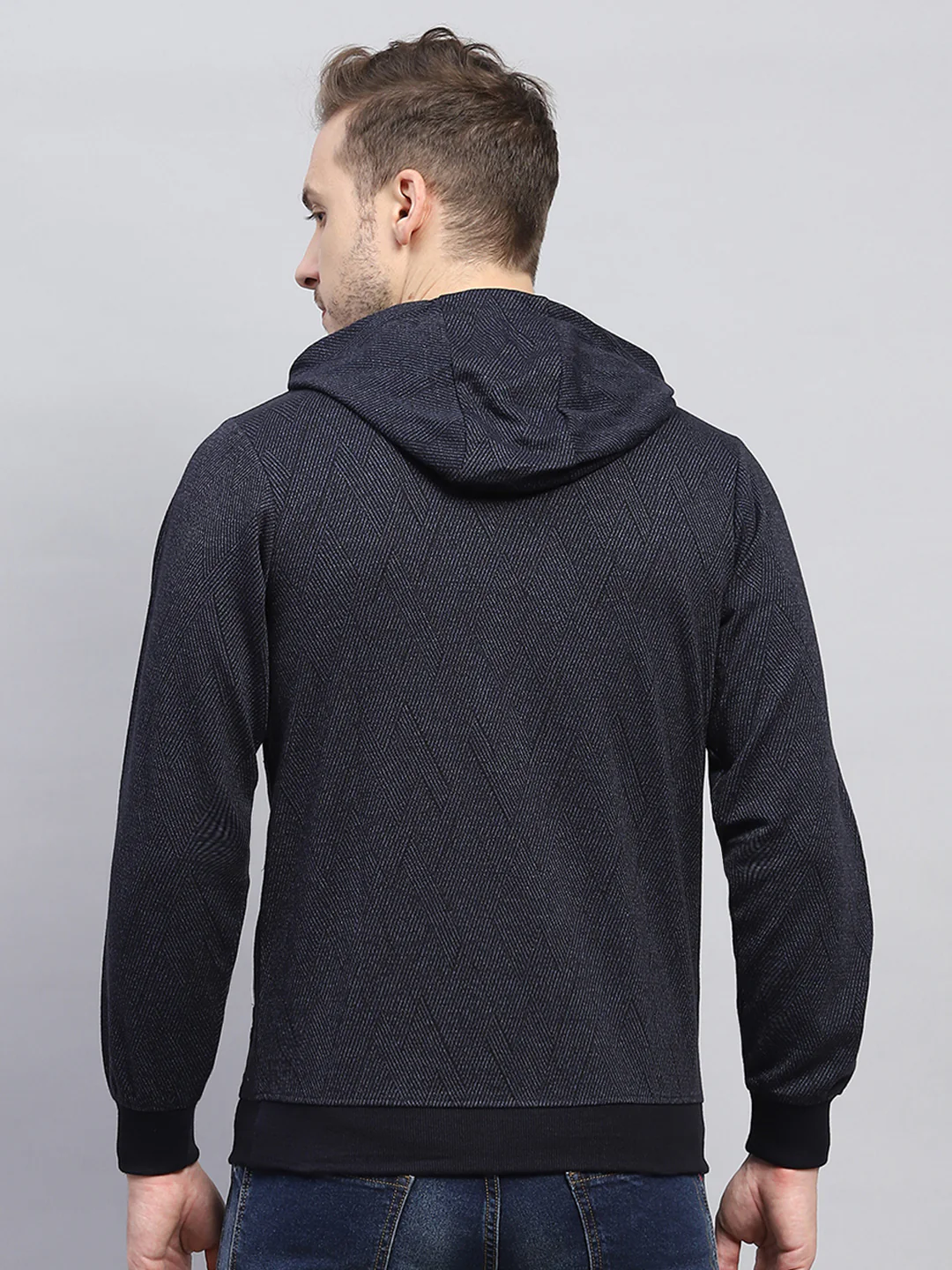 Men Navy Blue Printed Hooded Full Sleeve Winter T-Shirt - Image 5