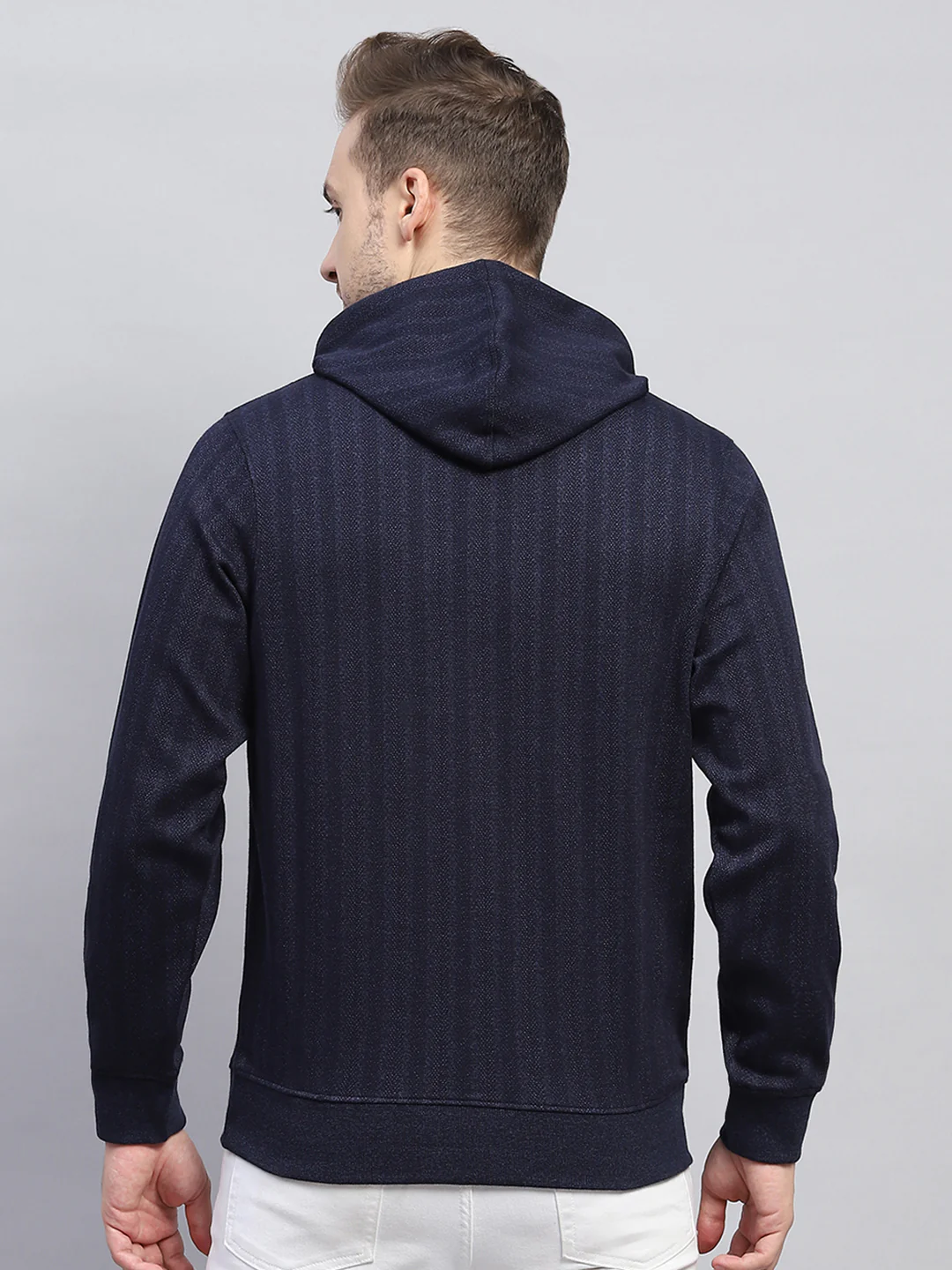 Men Navy Blue Printed Hooded Full Sleeve Winter T-Shirt - Image 5