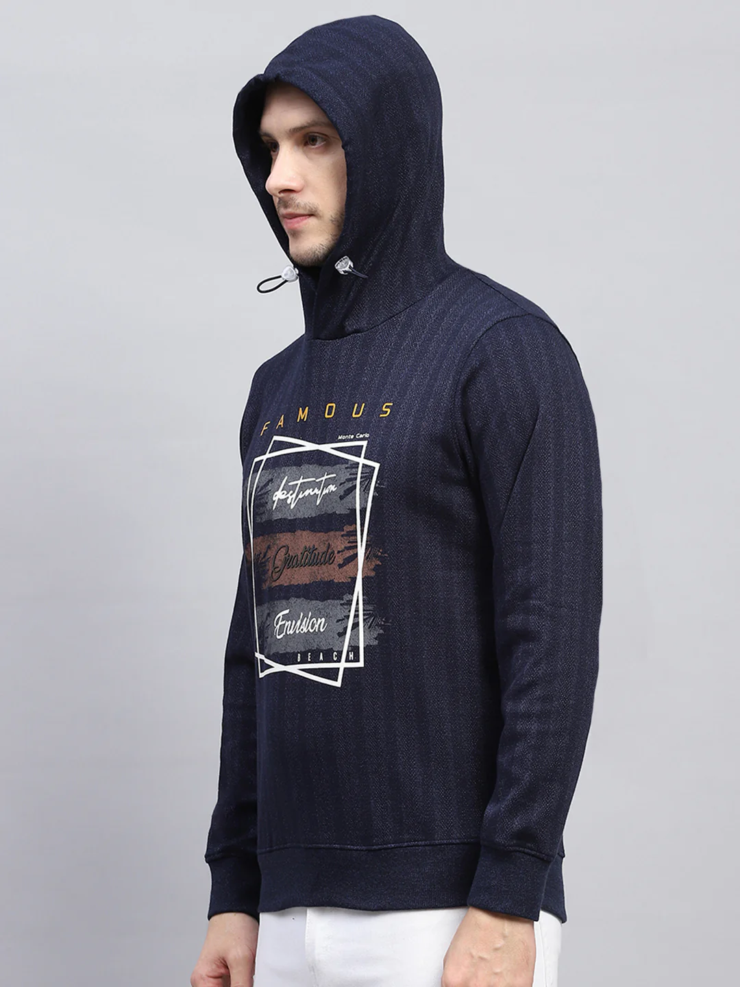 Men Navy Blue Printed Hooded Full Sleeve Winter T-Shirt - Image 6