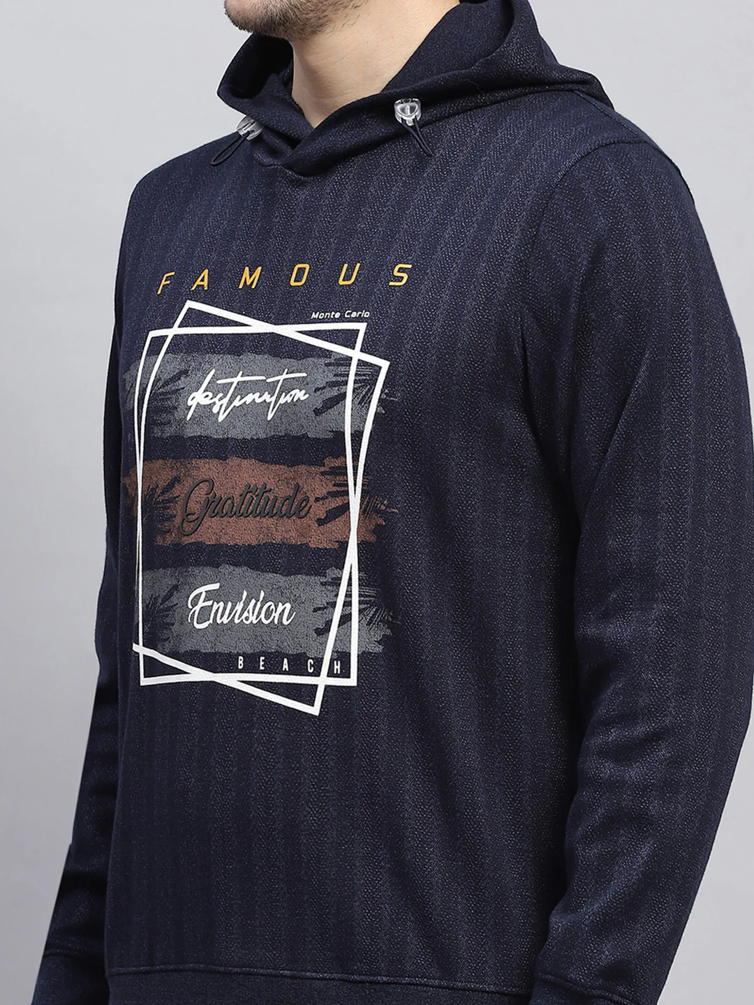 Men Navy Blue Printed Hooded Full Sleeve Winter T-Shirt - Image 7