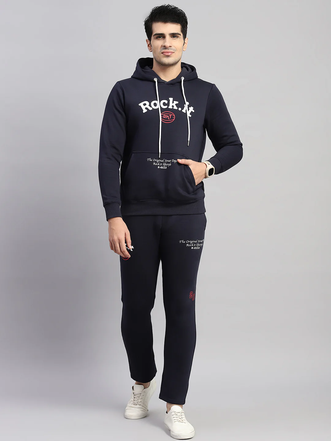 Rock.it Men Navy Blue Printed Hooded Full Sleeve Winter Tracksuit - Image 2