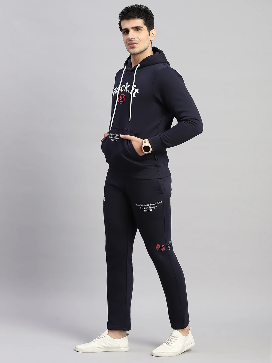 Rock.it Men Navy Blue Printed Hooded Full Sleeve Winter Tracksuit - Image 3