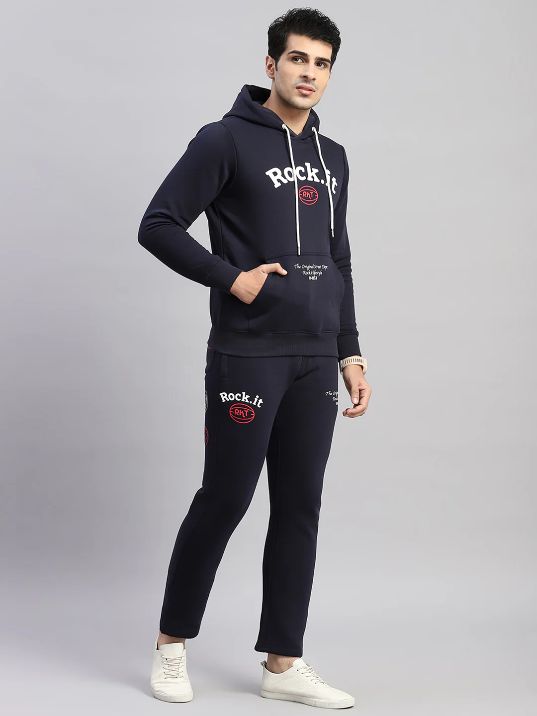 Rock.it Men Navy Blue Printed Hooded Full Sleeve Winter Tracksuit - Image 4