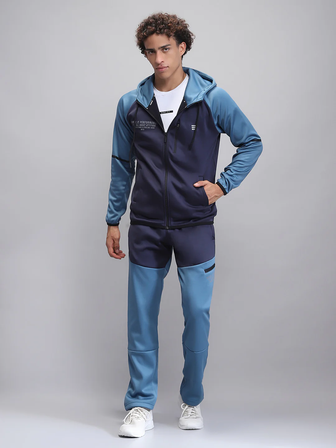 Rock.it Men Navy Blue Printed Hooded Full Sleeve Winter Tracksuit