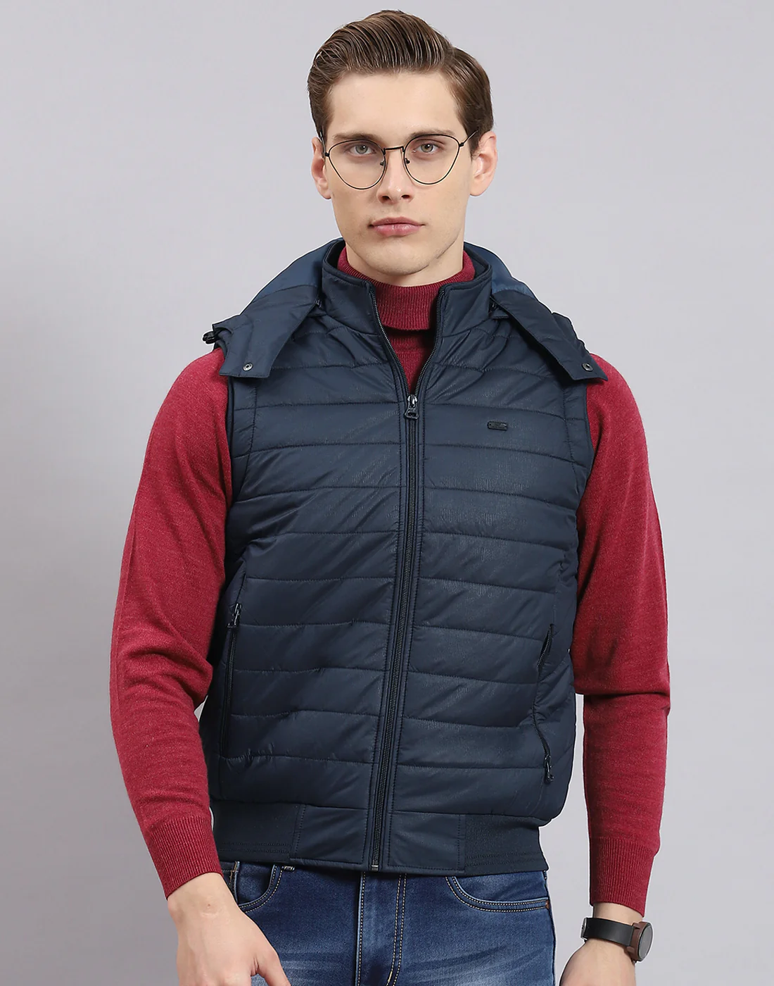 Men Navy Blue Printed Hooded Sleeveless Jacket - Image 3