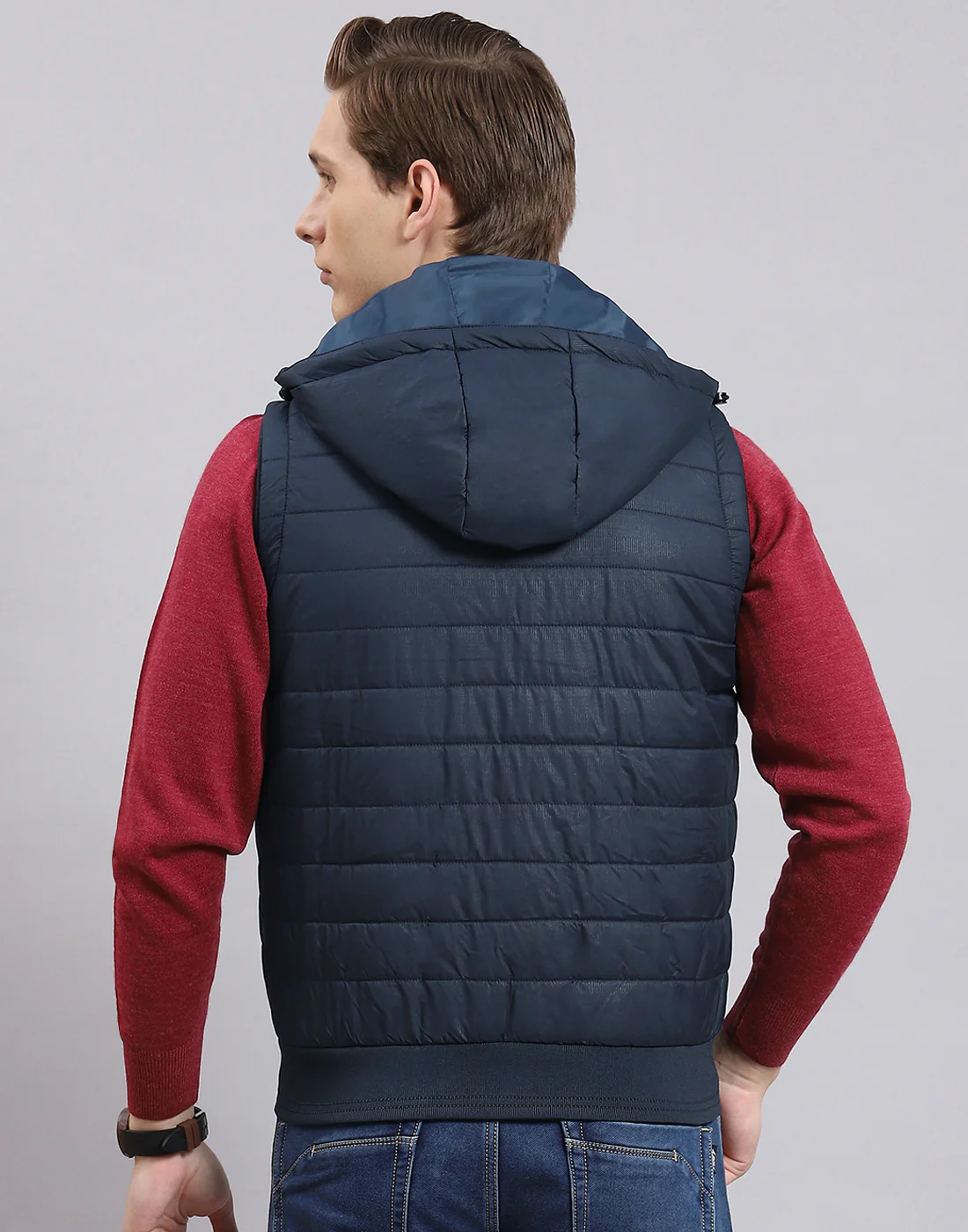 Men Navy Blue Printed Hooded Sleeveless Jacket - Image 7